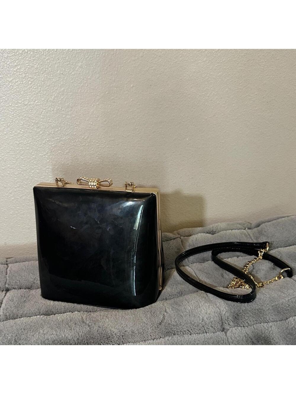 Chic Black Box Clutch with Gold Chain Strap - Sleek and Versatile Women's Wristl